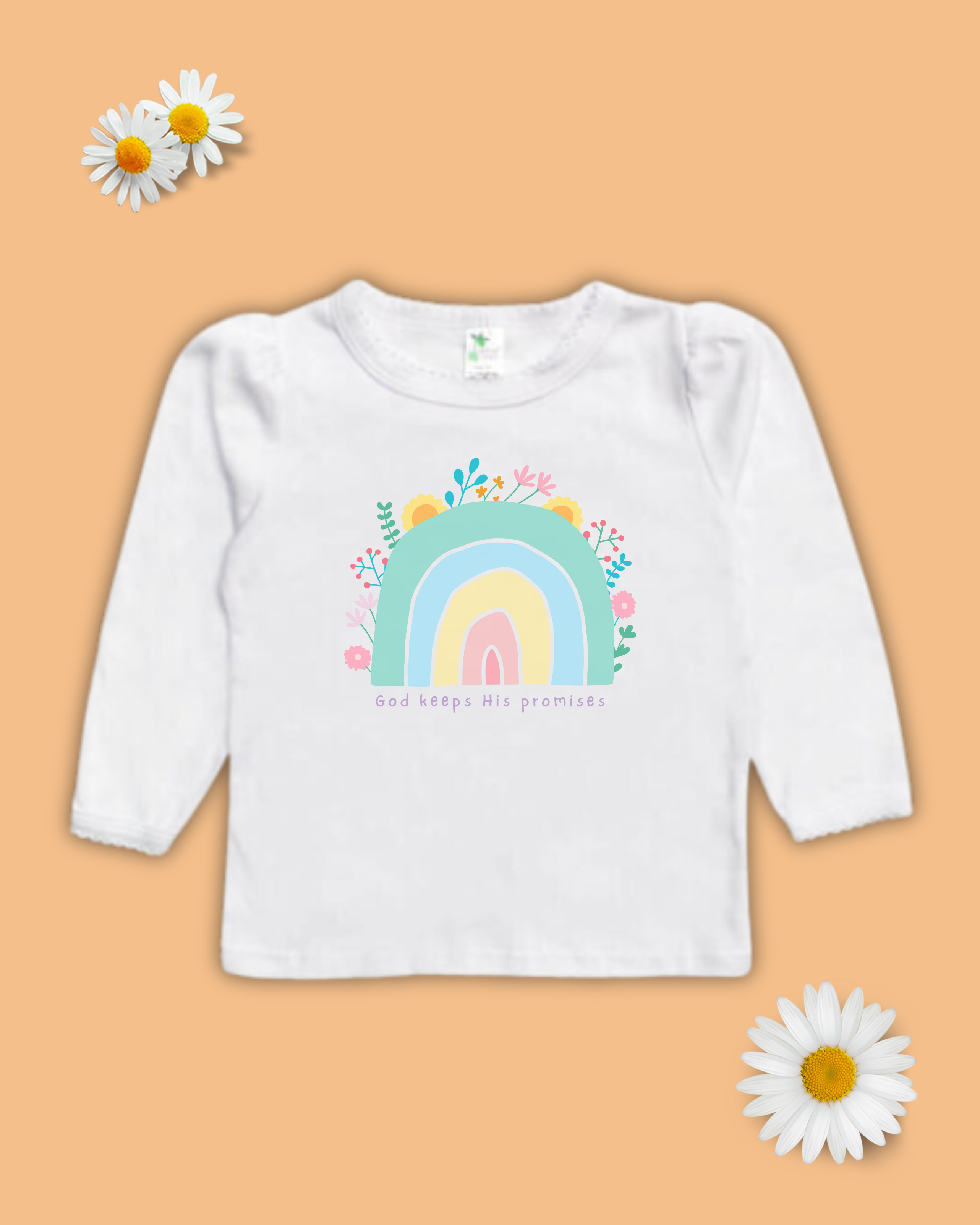 God's Promise Rainbow Long Sleeve Scallop Trim Tee